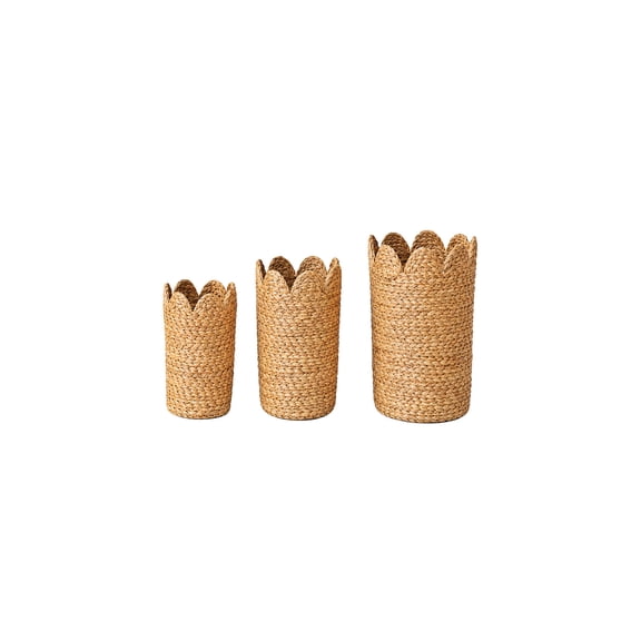 DecMode 10", 11", 12"H Brown Seagrass Handmade Woven Storage Basket with Wavy Edges, 3-Pieces