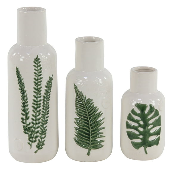 DecMode 10", 12", 15"H Leaf White Ceramic Vase, Set of 3
