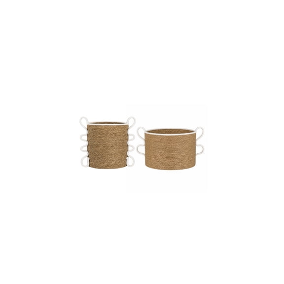 DecMode 10", 13"W Brown Seagrass Handmade Woven Storage Basket with Cream Arched Handles, 2-Pieces