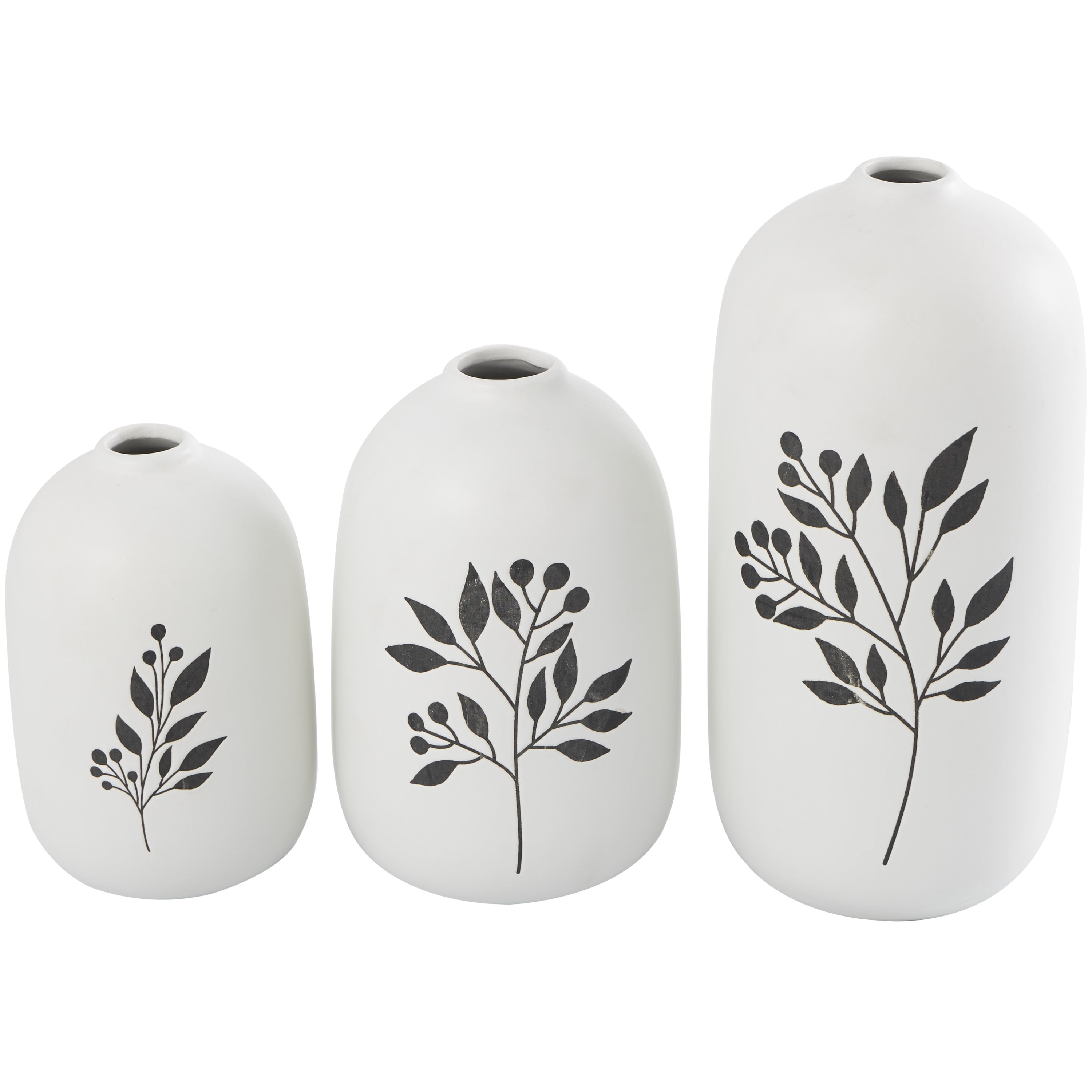 DecMode 10", 7", 6"H White Ceramic Vase with Black Leaf and Berry Prints, Set of 3