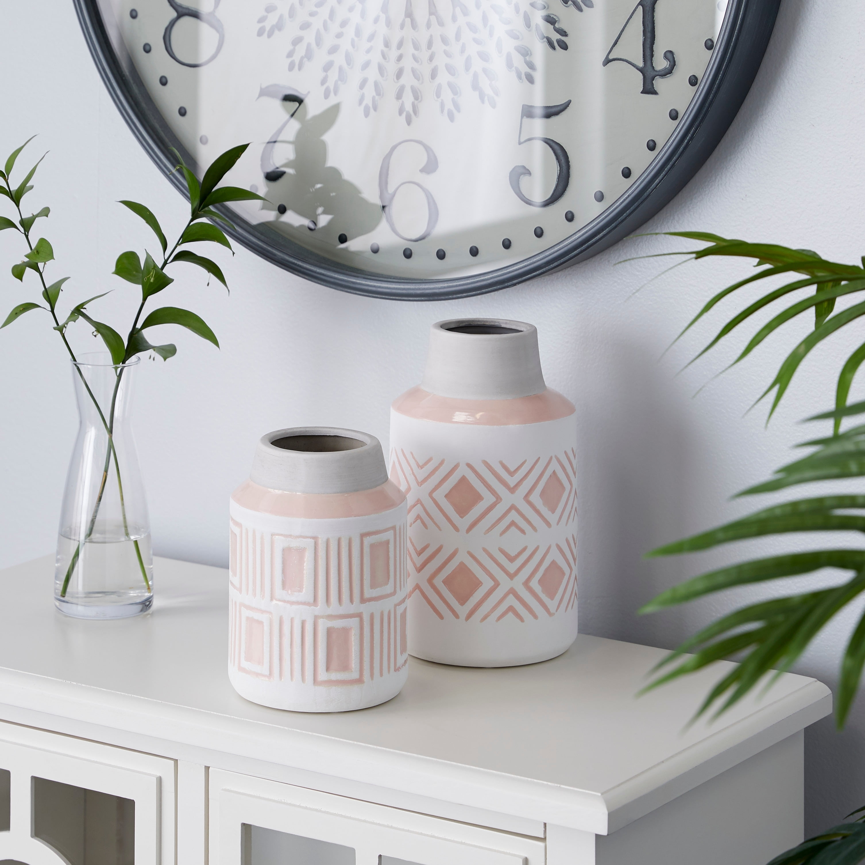 Set of 2 Pink and White Ceramic Geometric Decorative Vases