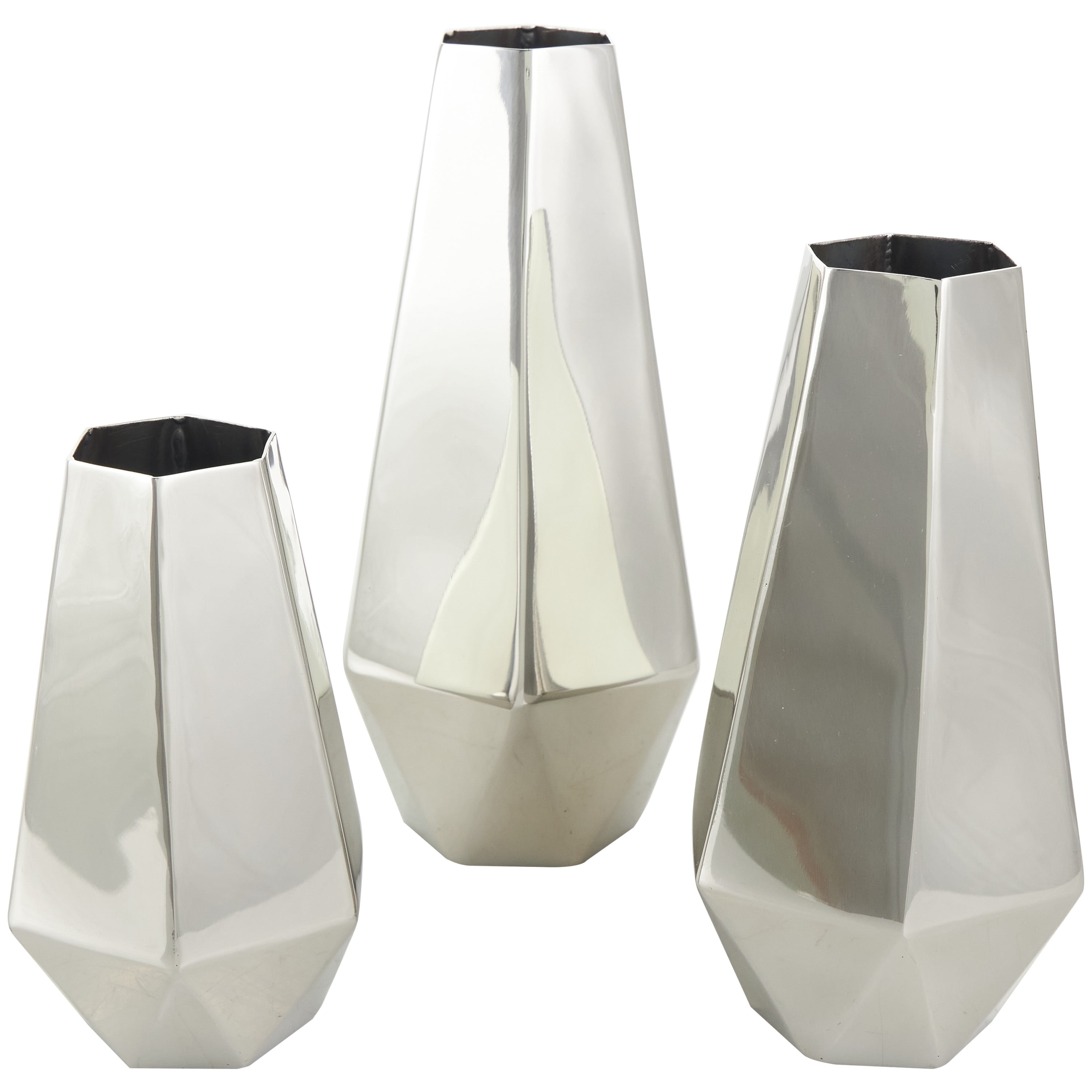 DecMode 10", 8", 6"H Geometric Hexagon Shaped Silver Stainless Steel Vase with Varying Heights, Set of 3