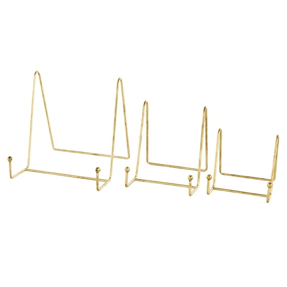 DecMode 10", 8", 6"H Gold Metal Wide Tabletop Triangle Easel with Ball Accents, 3-Pieces