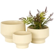 DecMode 10", 8", 7"W Wide Cream Ceramic Planter with Linear Grooves and Tapered Bases (3 Count)