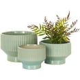 thumbnail image 1 of DecMode 10", 8", 7"W Wide Green Ceramic Planter with Linear Grooves and Tapered Bases (3 Count), 1 of 9