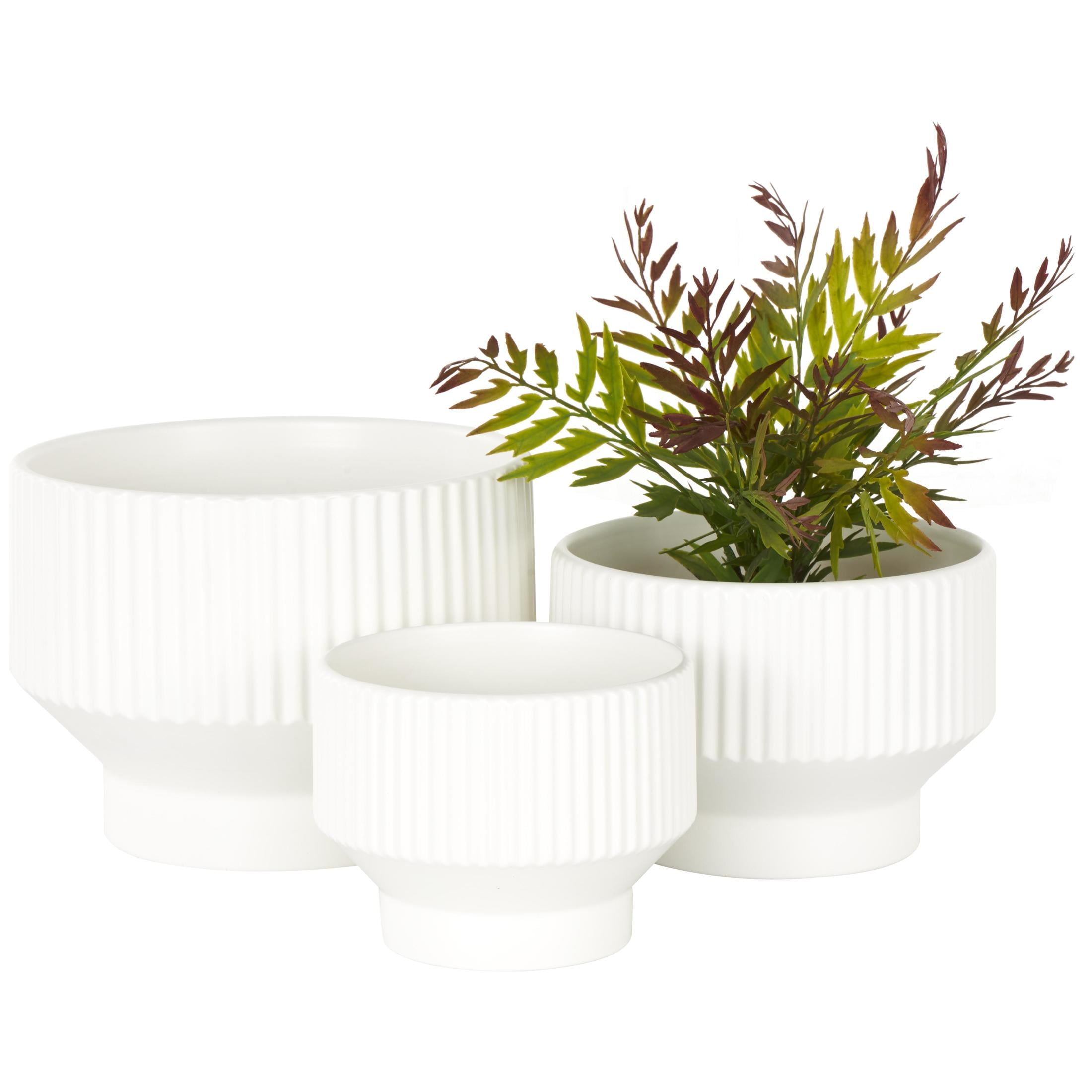 DecMode 10", 8" and 7"W Wide Fluted White Ceramic Planter with Tapered Base (3 Count)