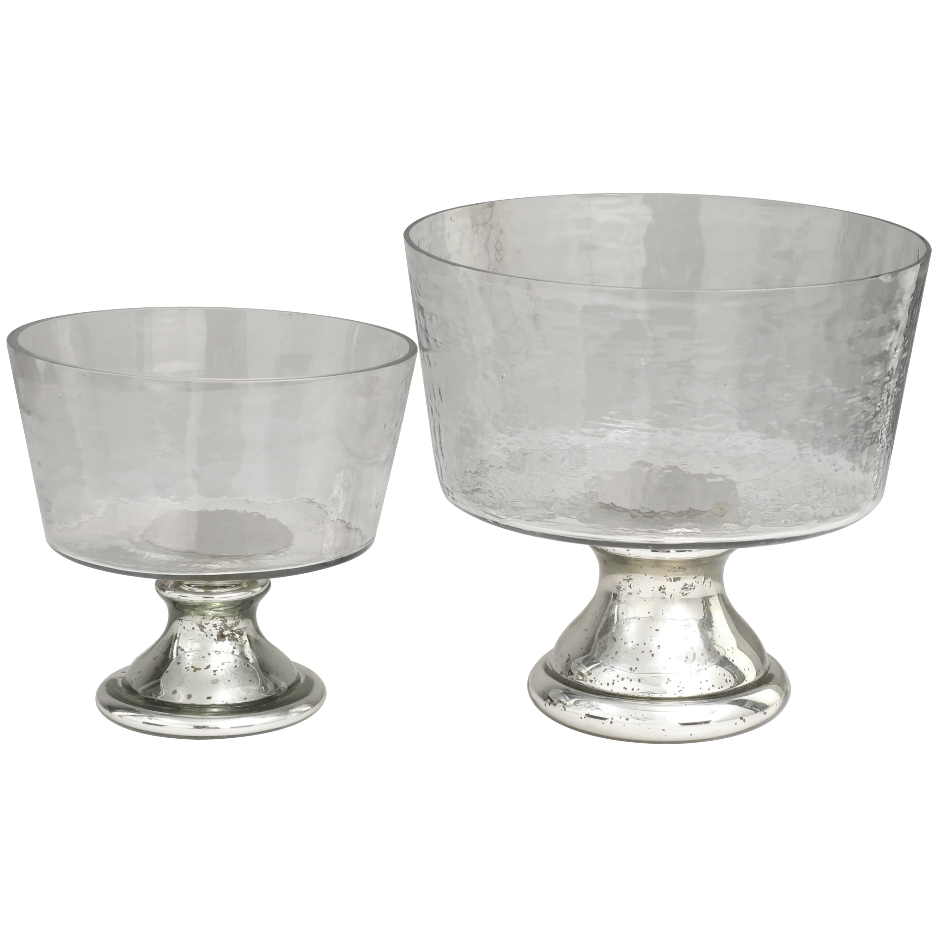 DecMode 10", 8"H Round Smokey Silver Glass Decorative Bowl with Mercury Glass Pedestal Base, Set of 2