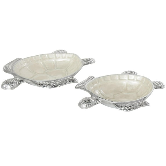 DecMode 10", 8"W Handmade Asymmetrical Enameled Turtle Aluminum Metal Decorative Bowl with Silver Metal Exterior, Set of 2