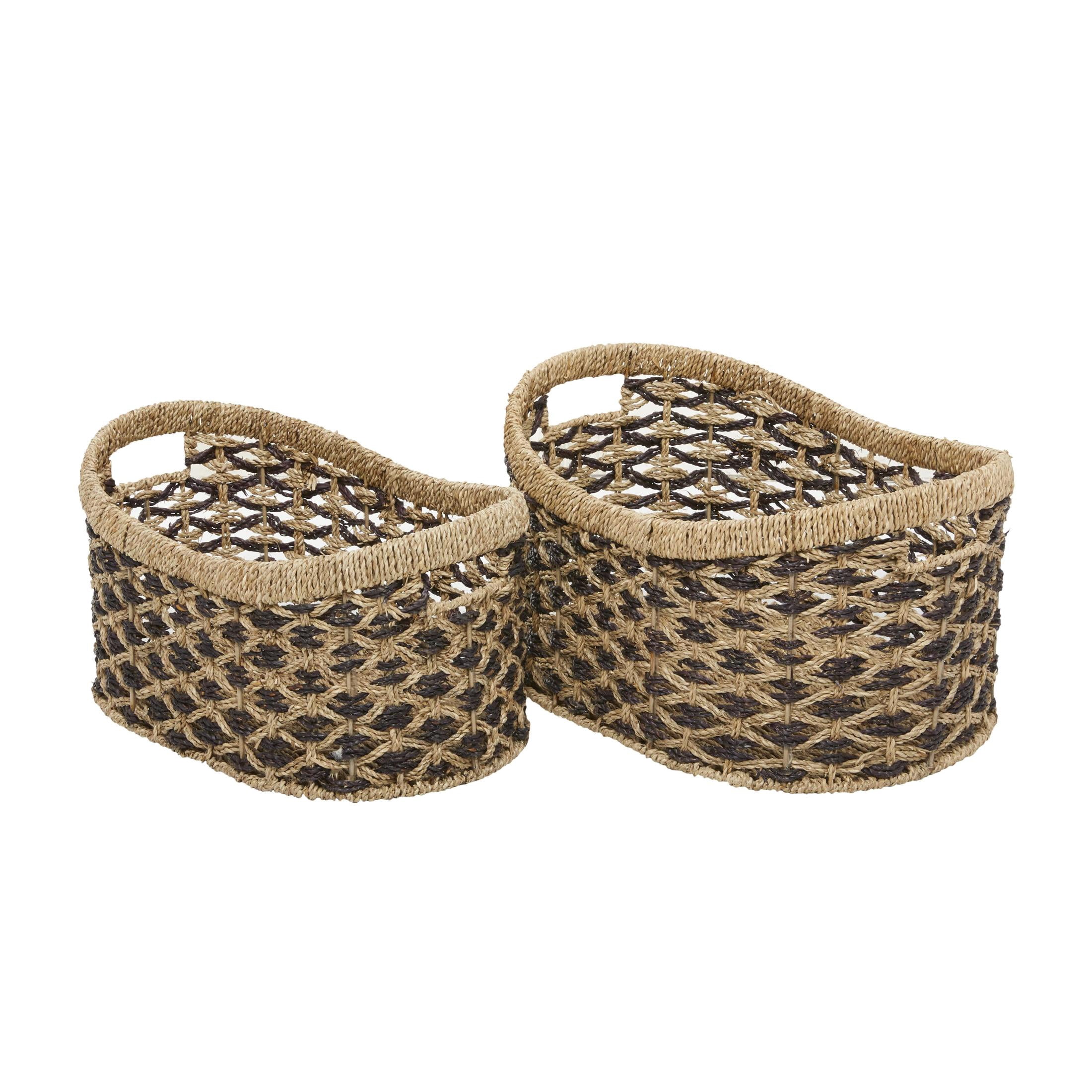 DecMode 10", 9"H Brown Seagrass Handmade Two Toned Storage Basket with Handles, 2-Pieces