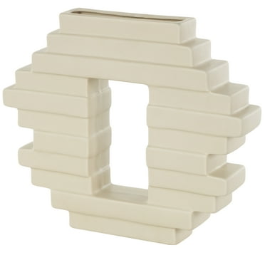 DecMode 10" Abstract Cream Ceramic Vase with Rectangular Center Cutout