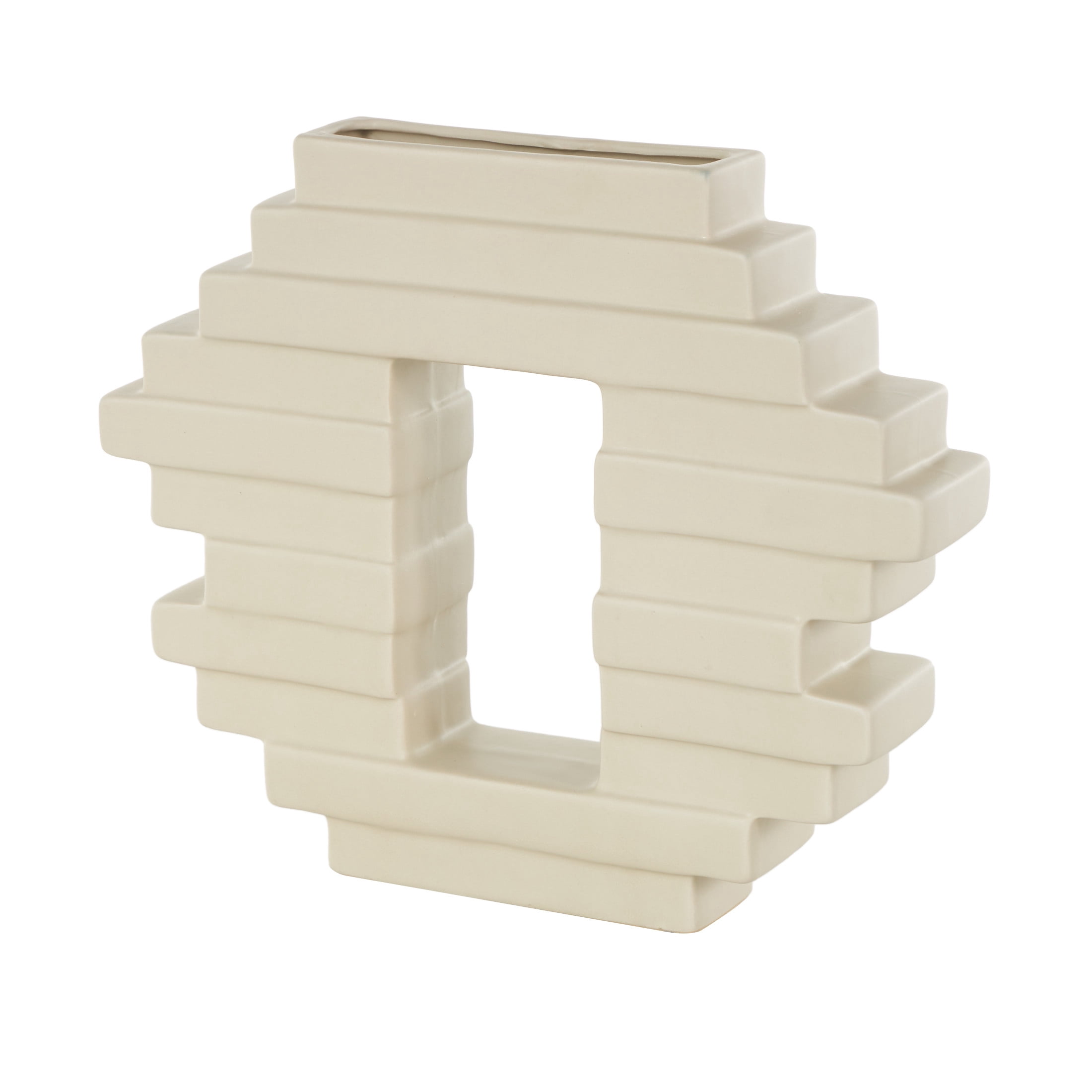 DecMode 10" Abstract Cream Ceramic Vase with Rectangular Center Cutout