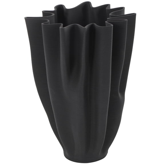 DecMode 10" Abstract Dimensional Ribbed Tulip Black Ceramic Vase with Angular Rim