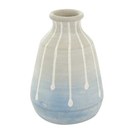 DecMode 10" Abstract Ombre Drip Blue Ceramic Vase with Gray and White Accents