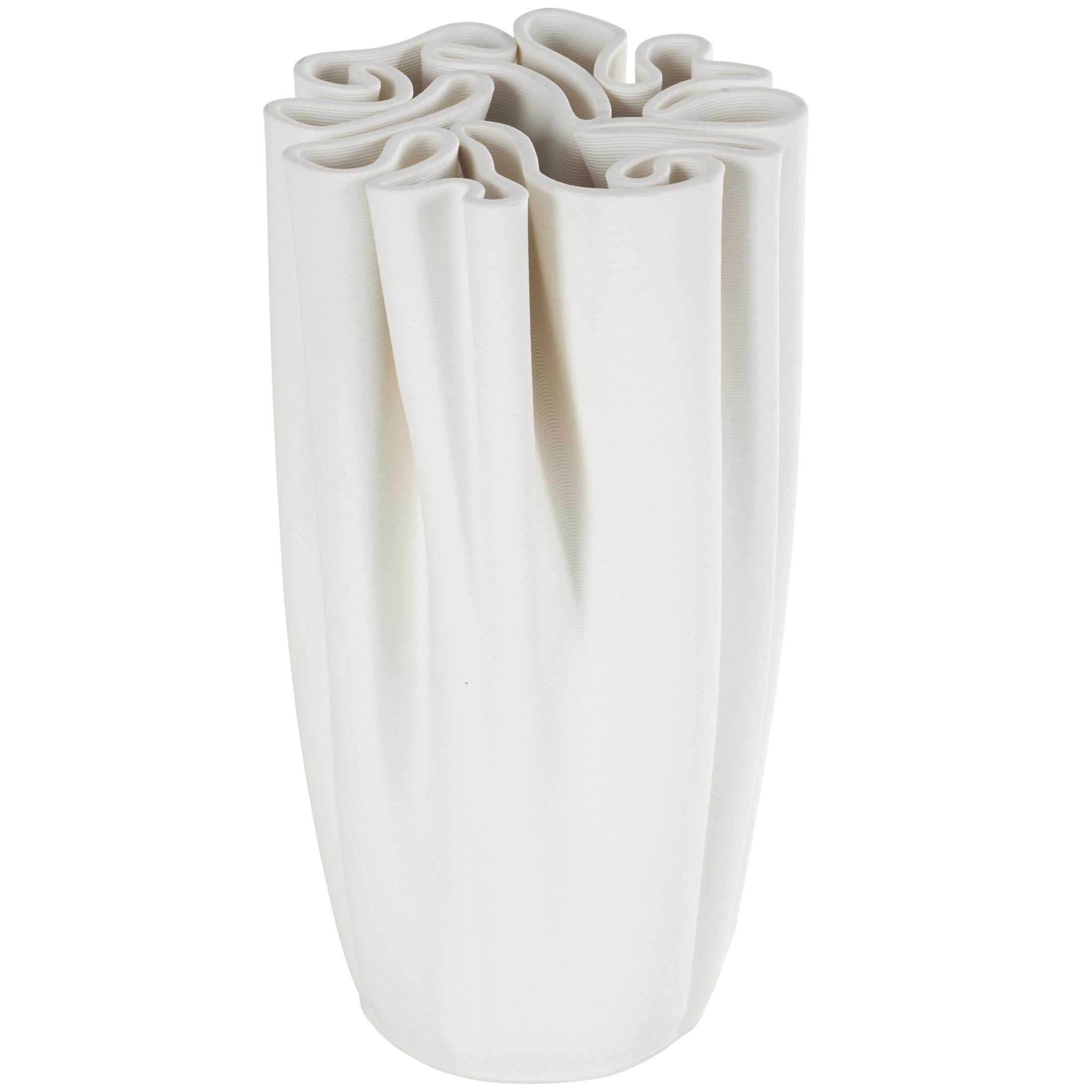 DecMode 10" Abstract Ribbed Dimensional Folded White Ceramic Vase with Compact Wavy Rim