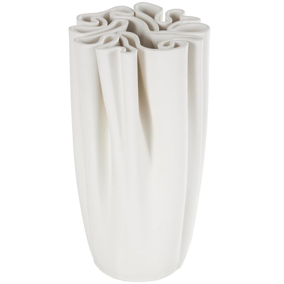 DecMode 10" Abstract Ribbed Dimensional Folded White Ceramic Vase with Compact Wavy Rim