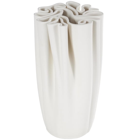 DecMode 10" Abstract Ribbed Dimensional Folded White Ceramic Vase with Compact Wavy Rim