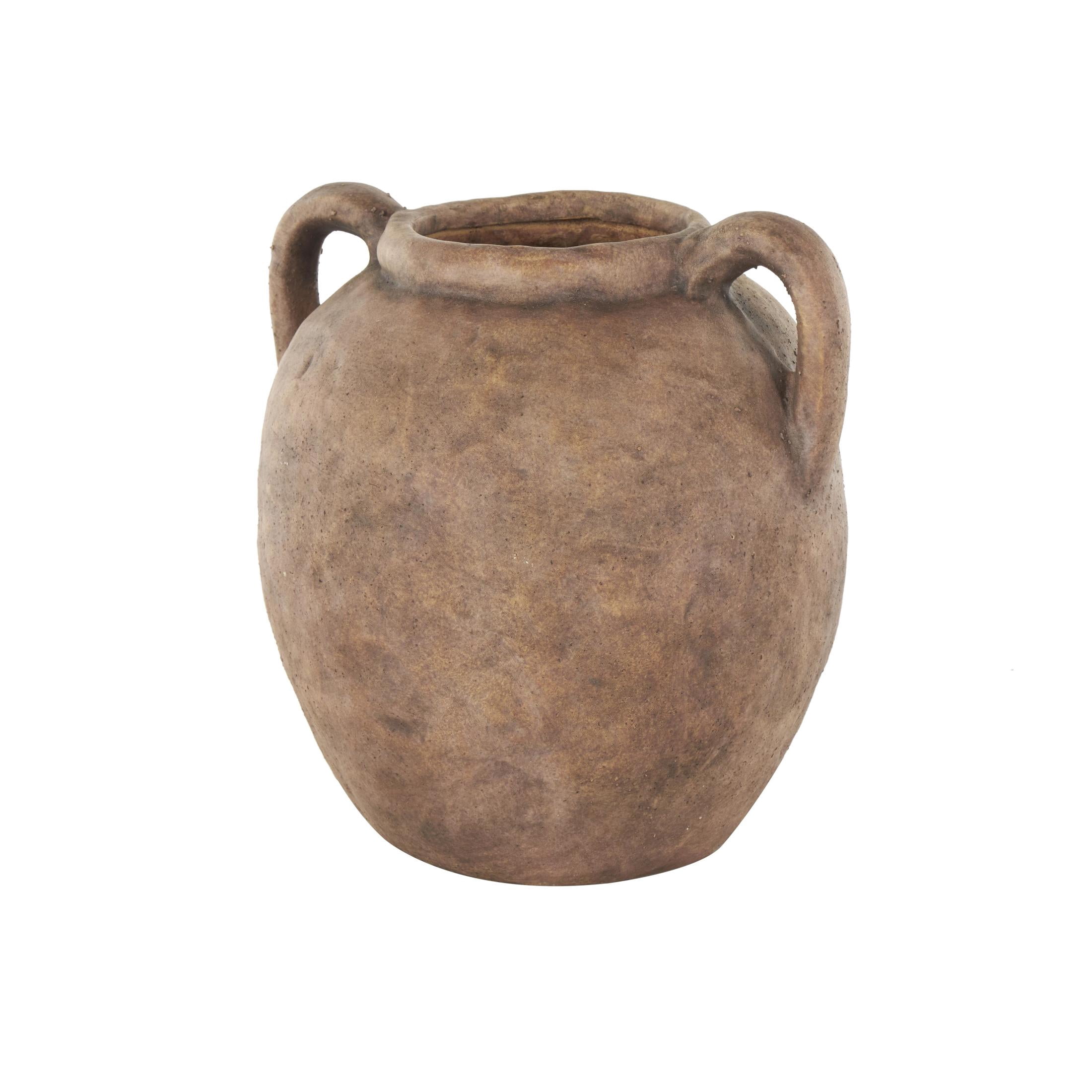 DecMode 10" Antique Style Textured Brown Ceramic Vase with Handles