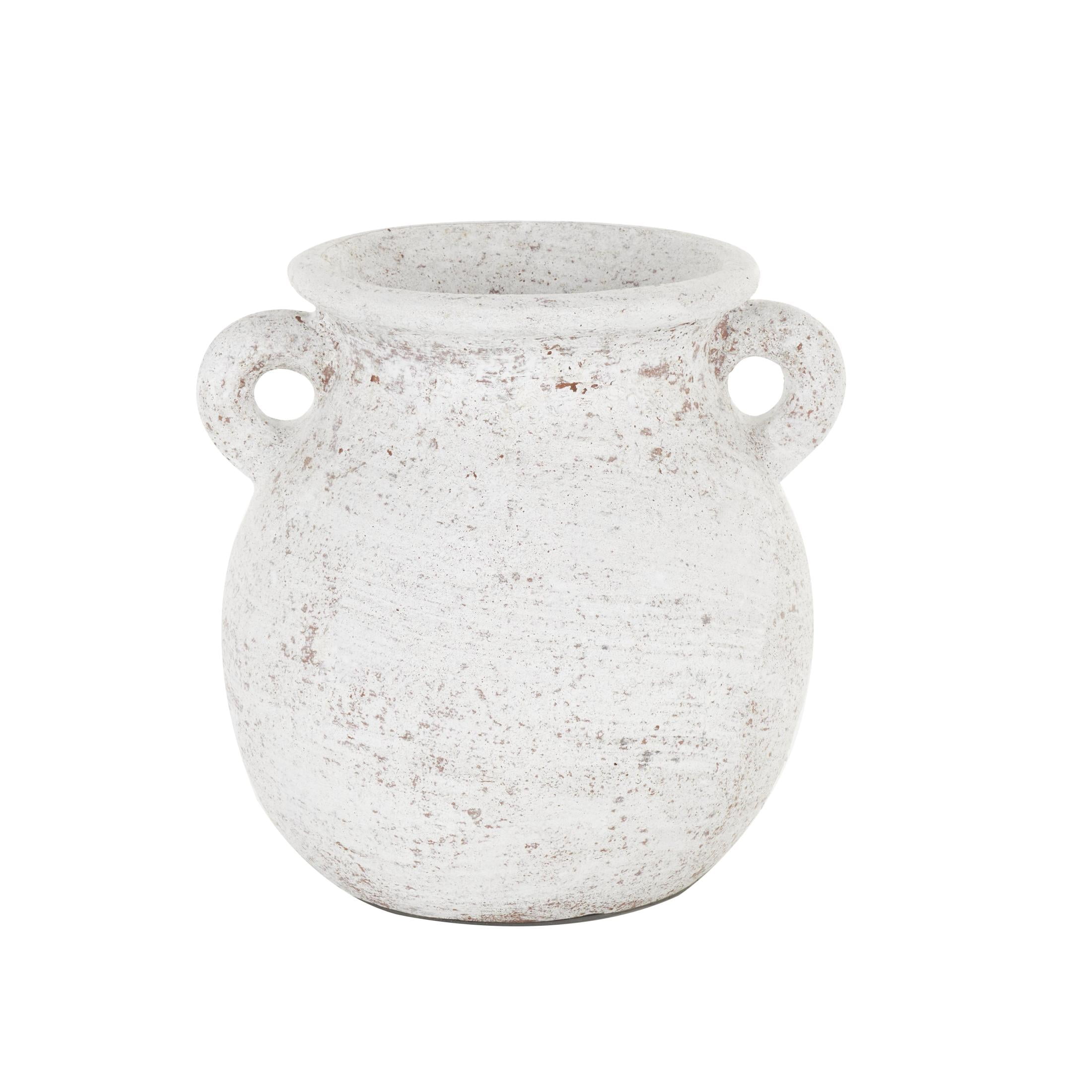 DecMode 10" Antique Style Textured Pot Cream Ceramic Vase with Handles