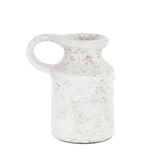 DecMode 10" Antique Style Textured White Ceramic Vase with Terracotta Accents and Ring Handle