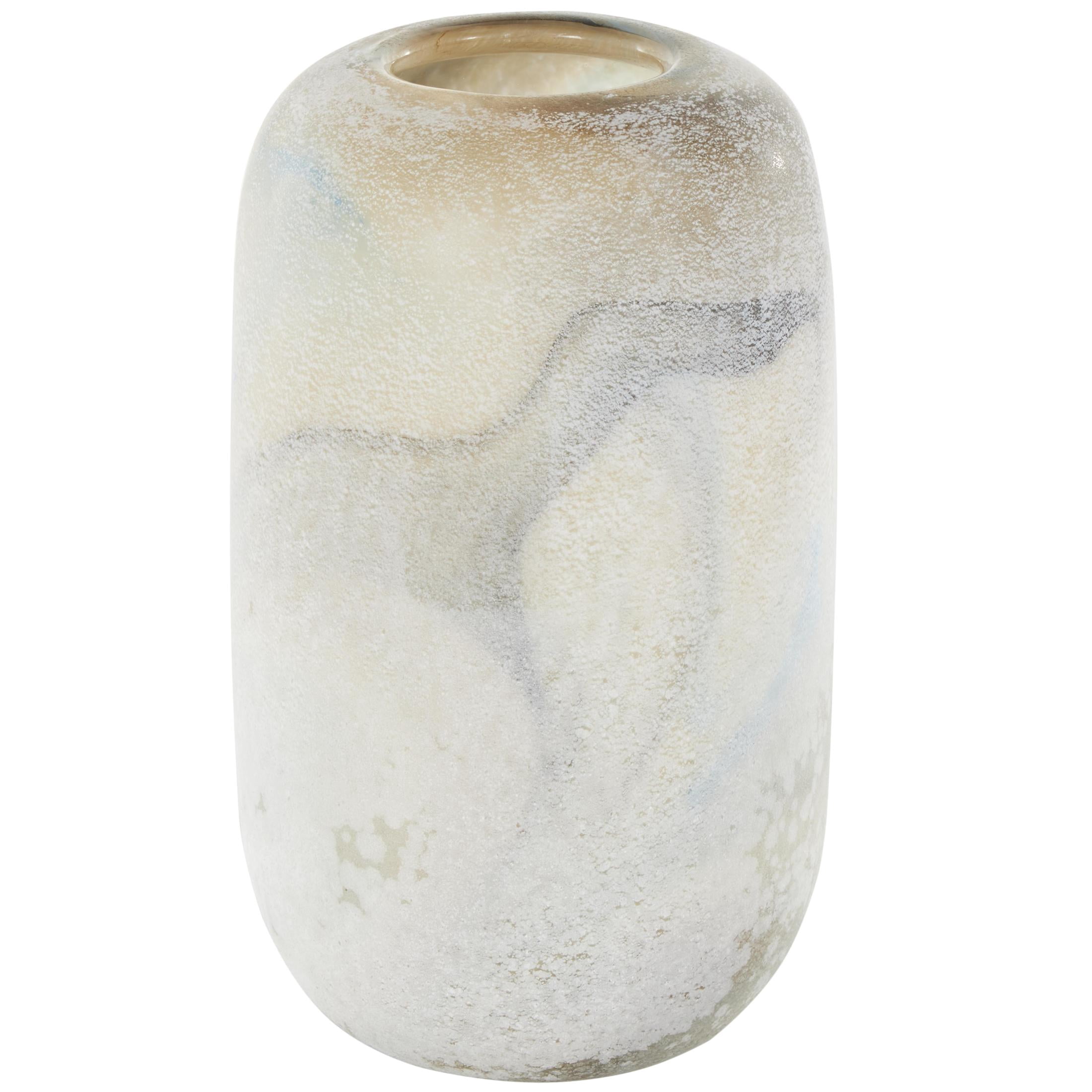 DecMode 10" Distressed Cream Glass Vase with Blue and Tan Texturing