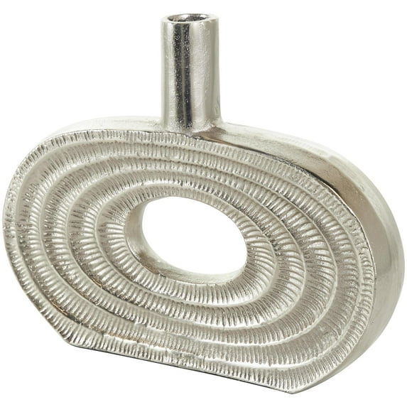 DecMode 10" Geometric Circular Silver Aluminum Metal Vase with Linear Etchings