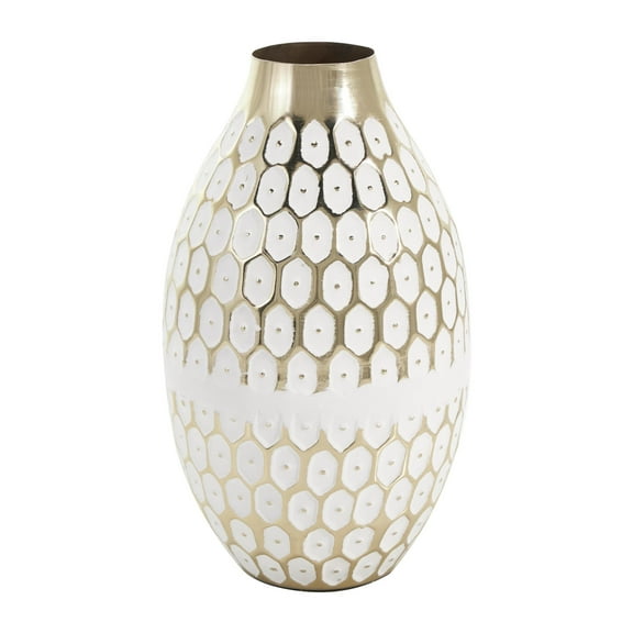 DecMode 10" Geometric Dot Gold Metal Vase with White Accents