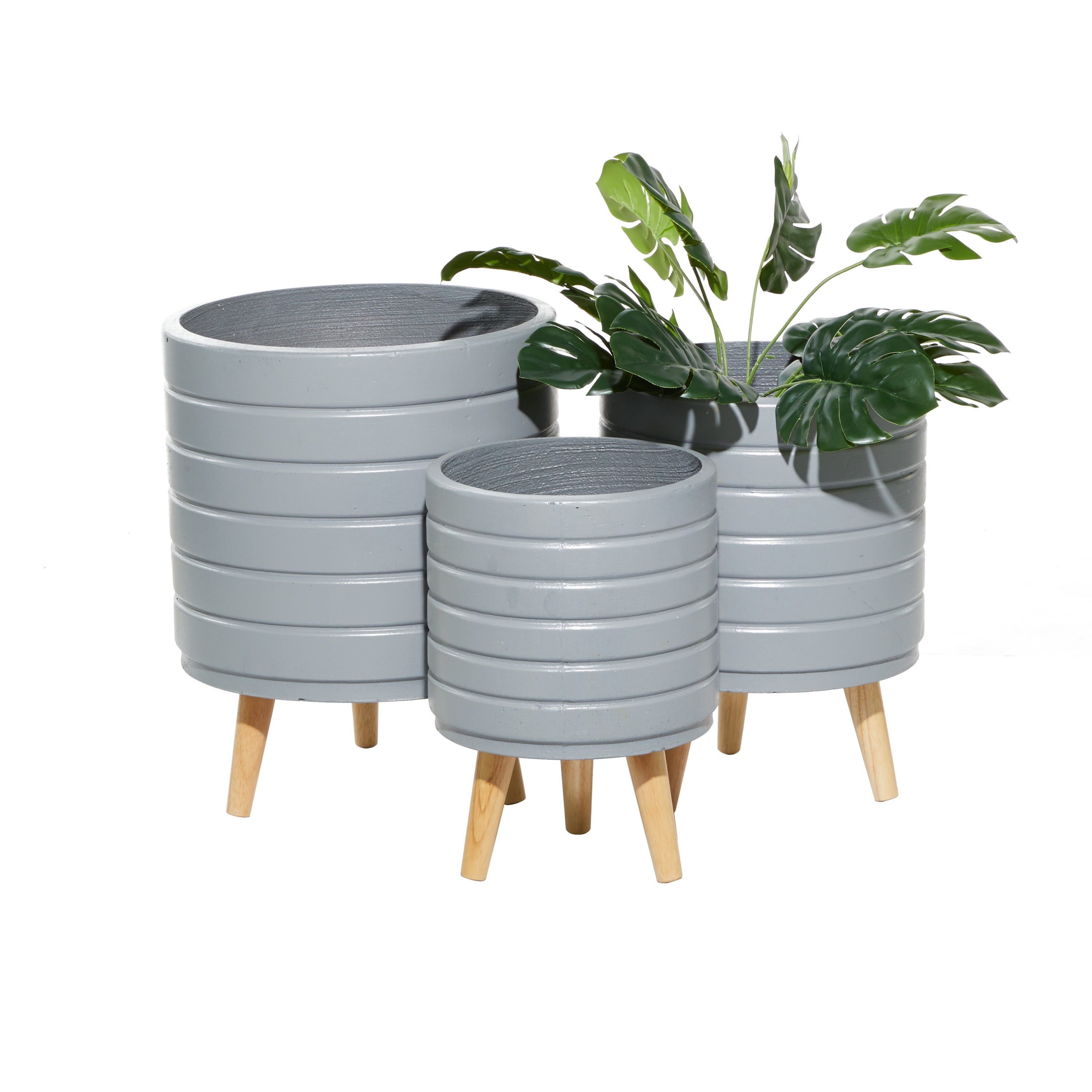 Gray Fiber Clay Planter Set with Wooden Legs
