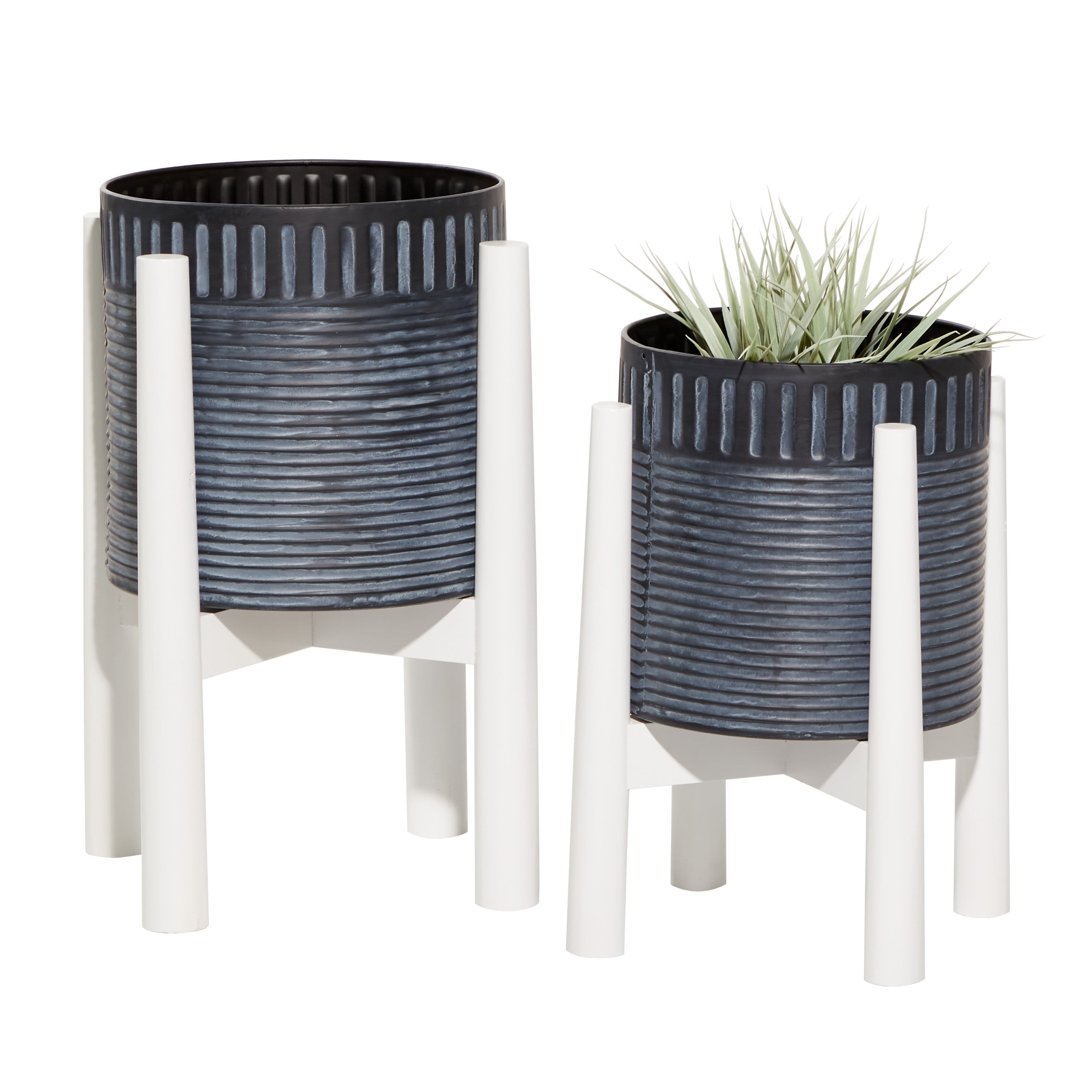Black and White Corrugated Metal Planter Set with Wooden Stands