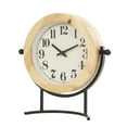 thumbnail image 1 of DecMode 10" Light Brown Wood Clock with Curved Black Metal Stand and Ball Details, 1 of 10