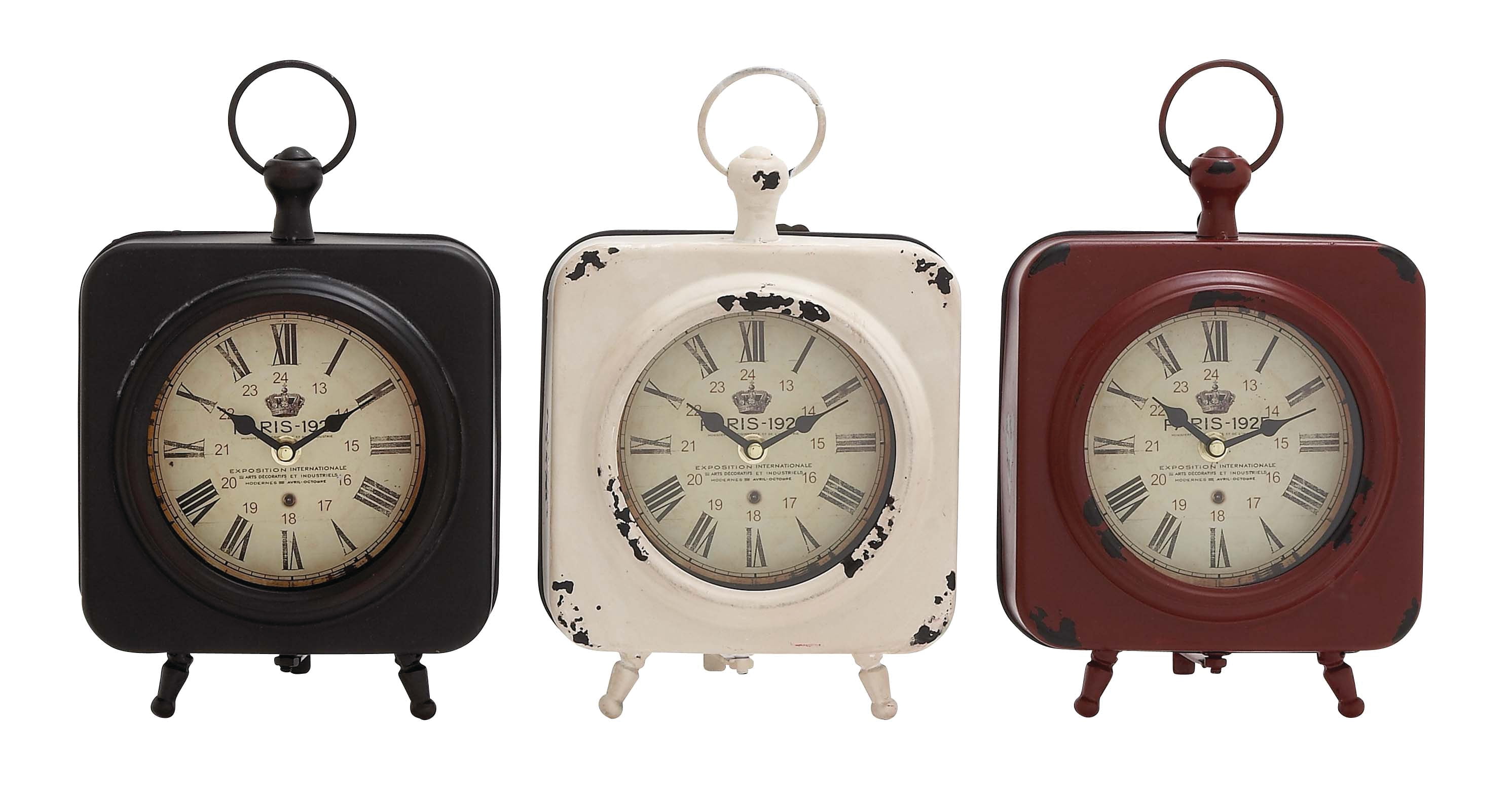 Vintage Multi-Colored Iron Tabletop Clocks with Roman Numerals