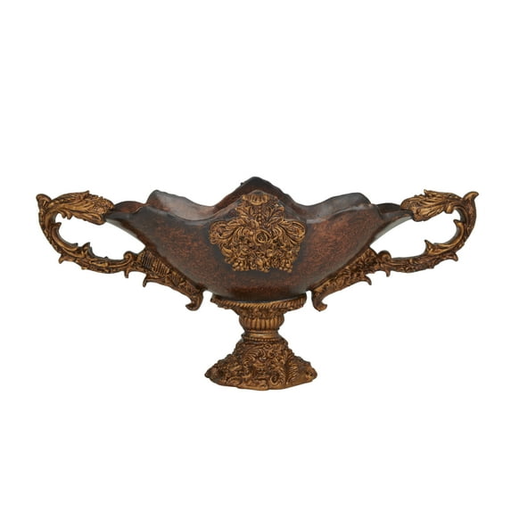 DecMode 10" Round Ornate Floral Dark Brown Polystone Decorative Bowl