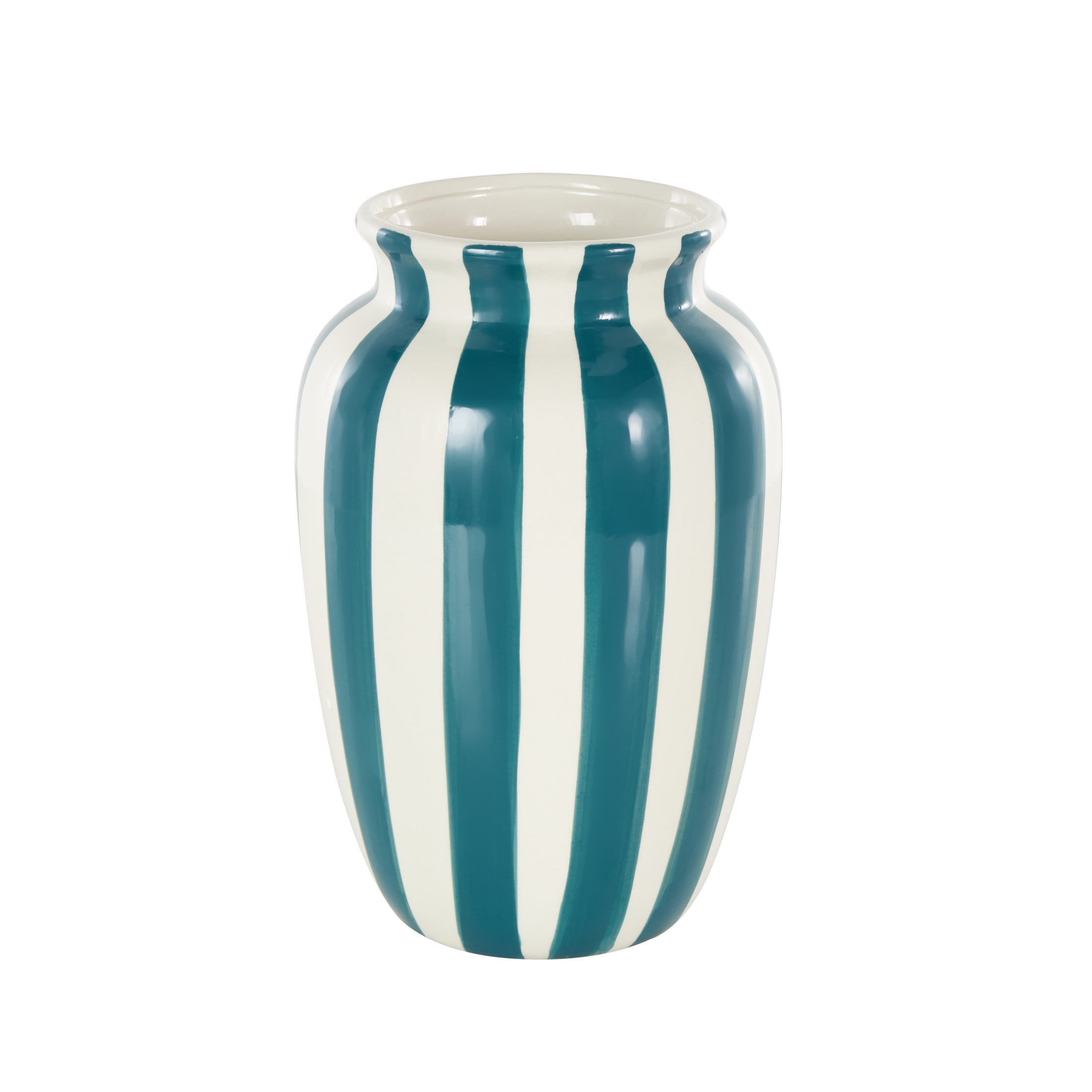 DecMode 10" Round Wide Teal Ceramic Vase with White Vertical Stripes