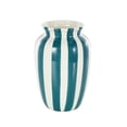 thumbnail image 1 of DecMode 10" Round Wide Teal Ceramic Vase with White Vertical Stripes, 1 of 9