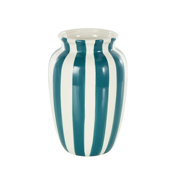 DecMode 10" Round Wide Teal Ceramic Vase with White Vertical Stripes
