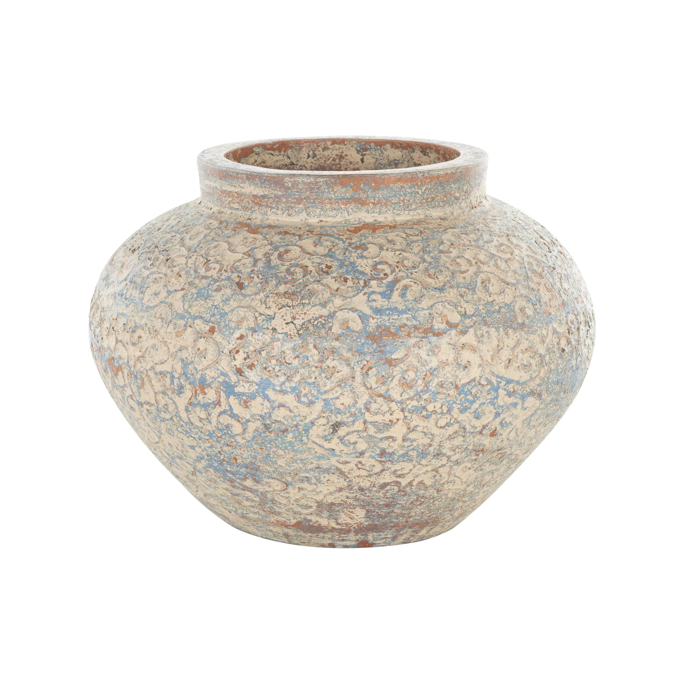 DecMode 10" Scroll Handmade Antique Style Wide Rounded Beige Ceramic Vase with Blue and Copper Accents
