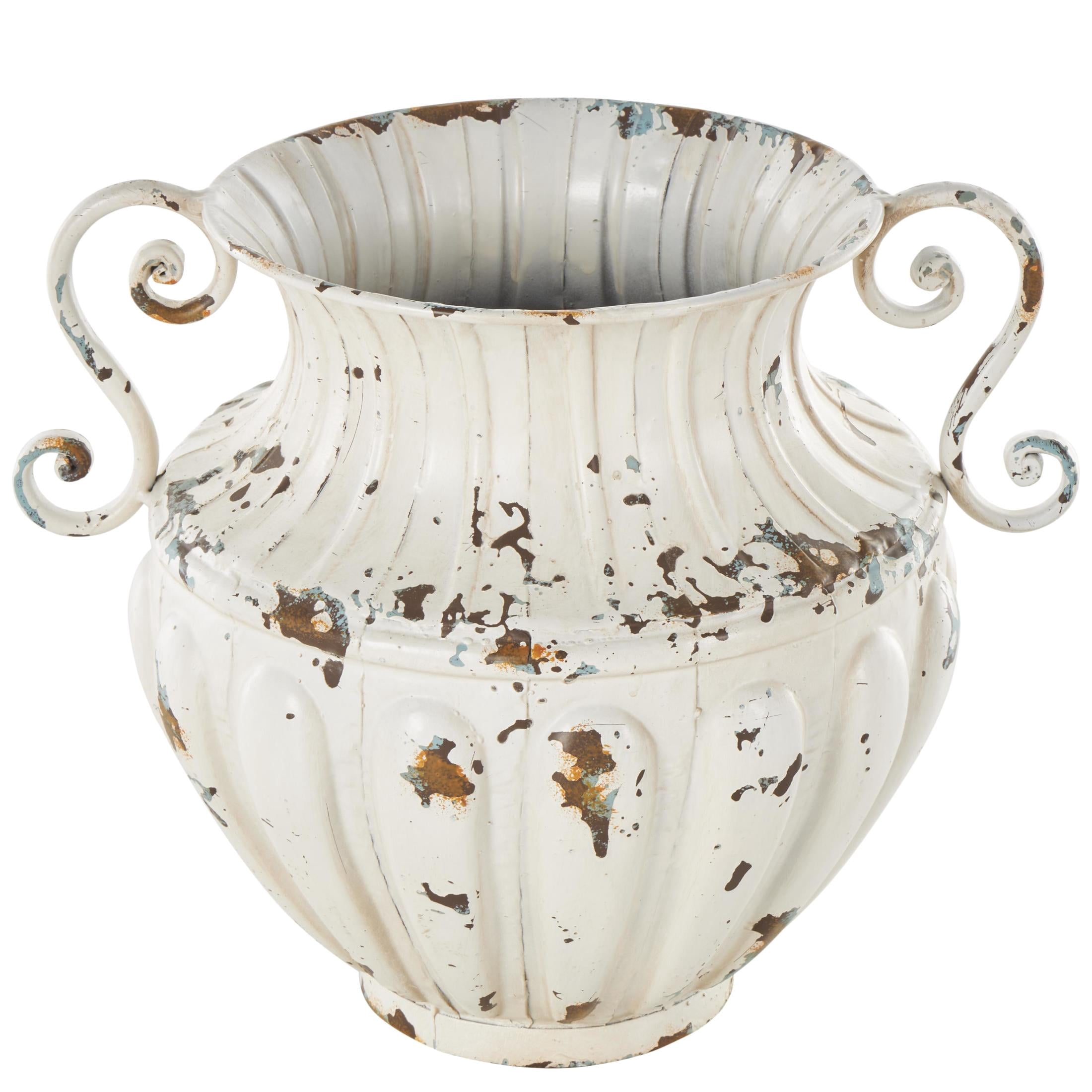 DecMode 10" Scroll Vintage Amphora Cream Metal Vase with Brown and Teal Distressing and Scroll Handles
