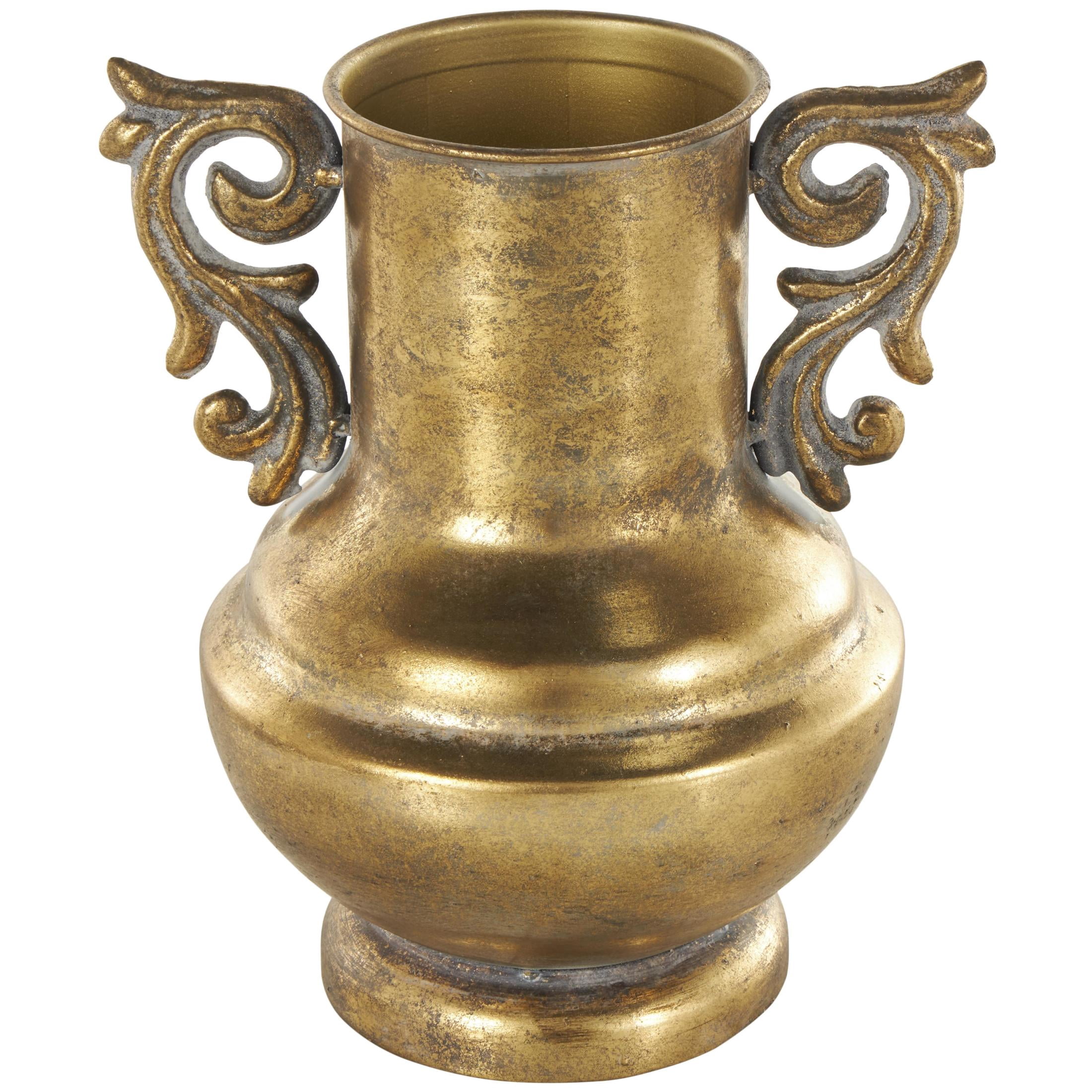 DecMode 10" Scroll Weathered Vintage Amphora Gold Metal Vase with Handles