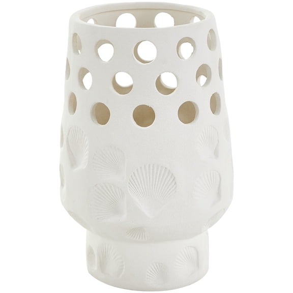 DecMode 10" Shell White Ceramic Vase with Circular Cutouts
