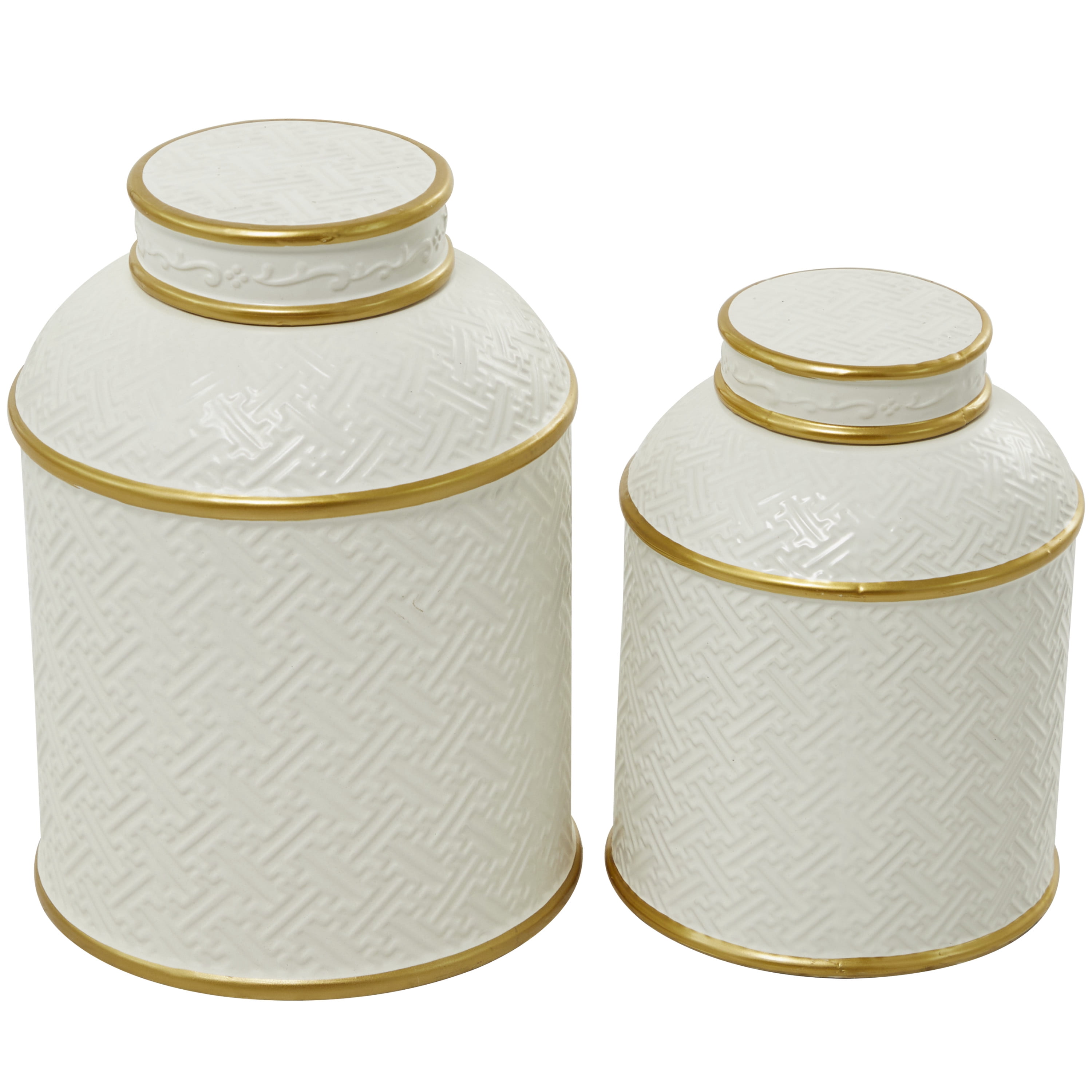 DecMode 10"W, 8"H White Ceramic Decorative Jars with Gold Accents, 2-Pieces