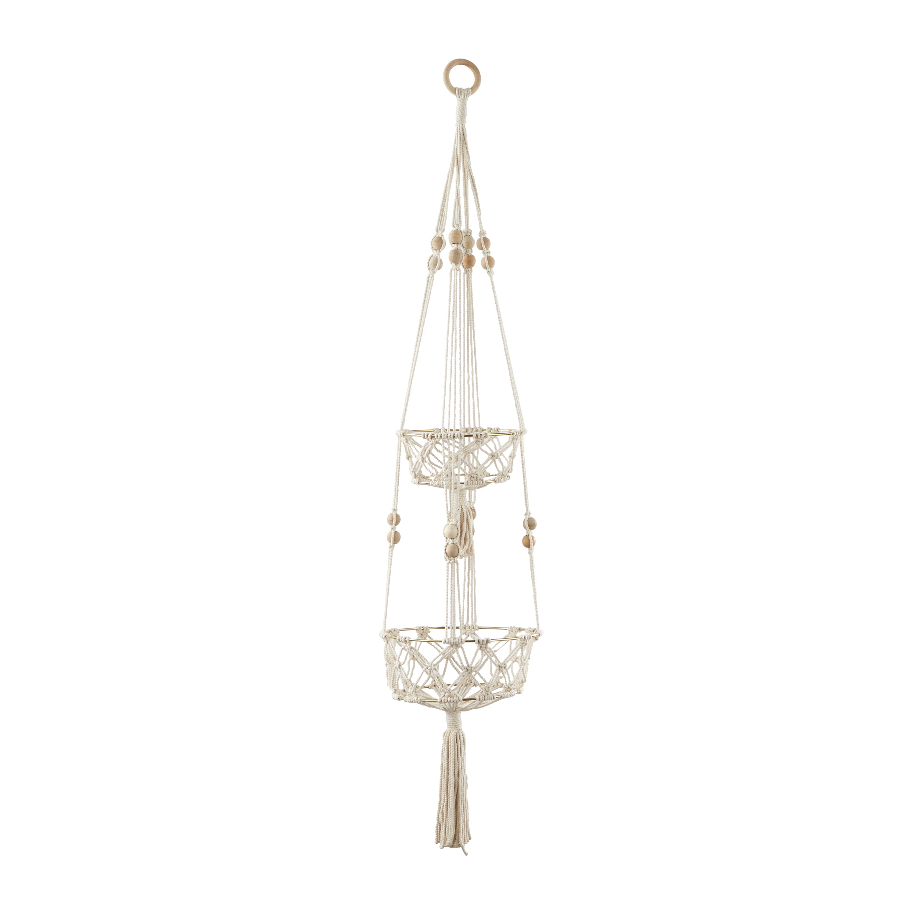 DecMode 10" x 10" x 49" Round White Fabric Handmade Hanging Macrame Wall Planter