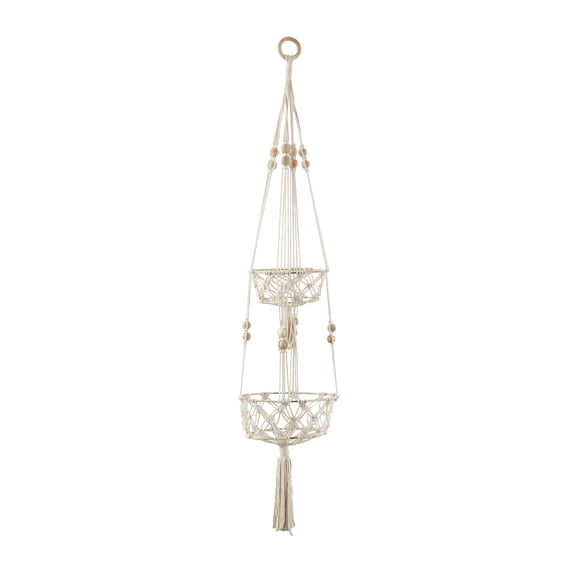 DecMode 10" x 10" x 49" Round White Fabric Handmade Hanging Macrame Wall Planter