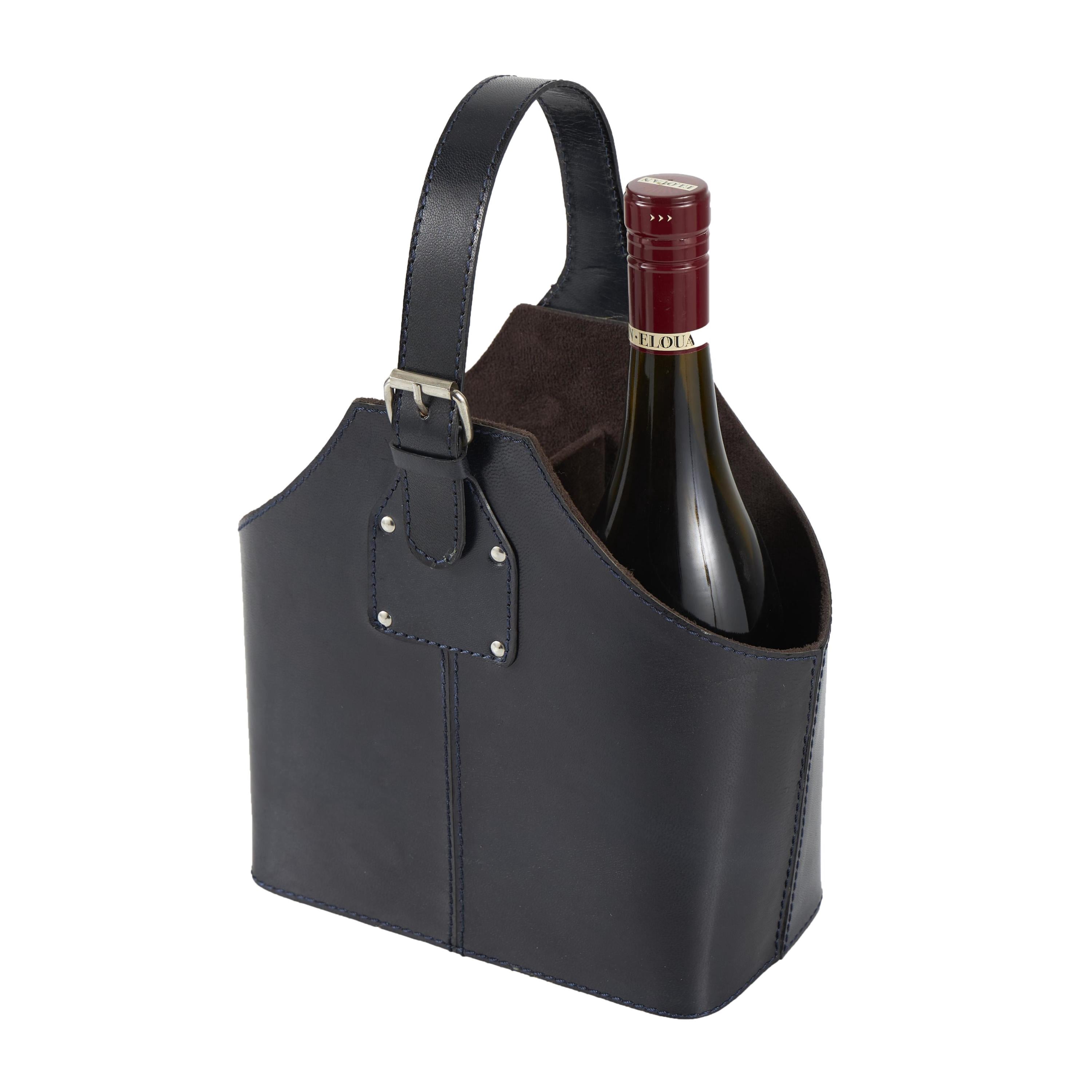 DecMode 10" x 13" Dark Blue Leather Handmade 2 Bottle Wine Holder with Carrying Handle, 1-Piece