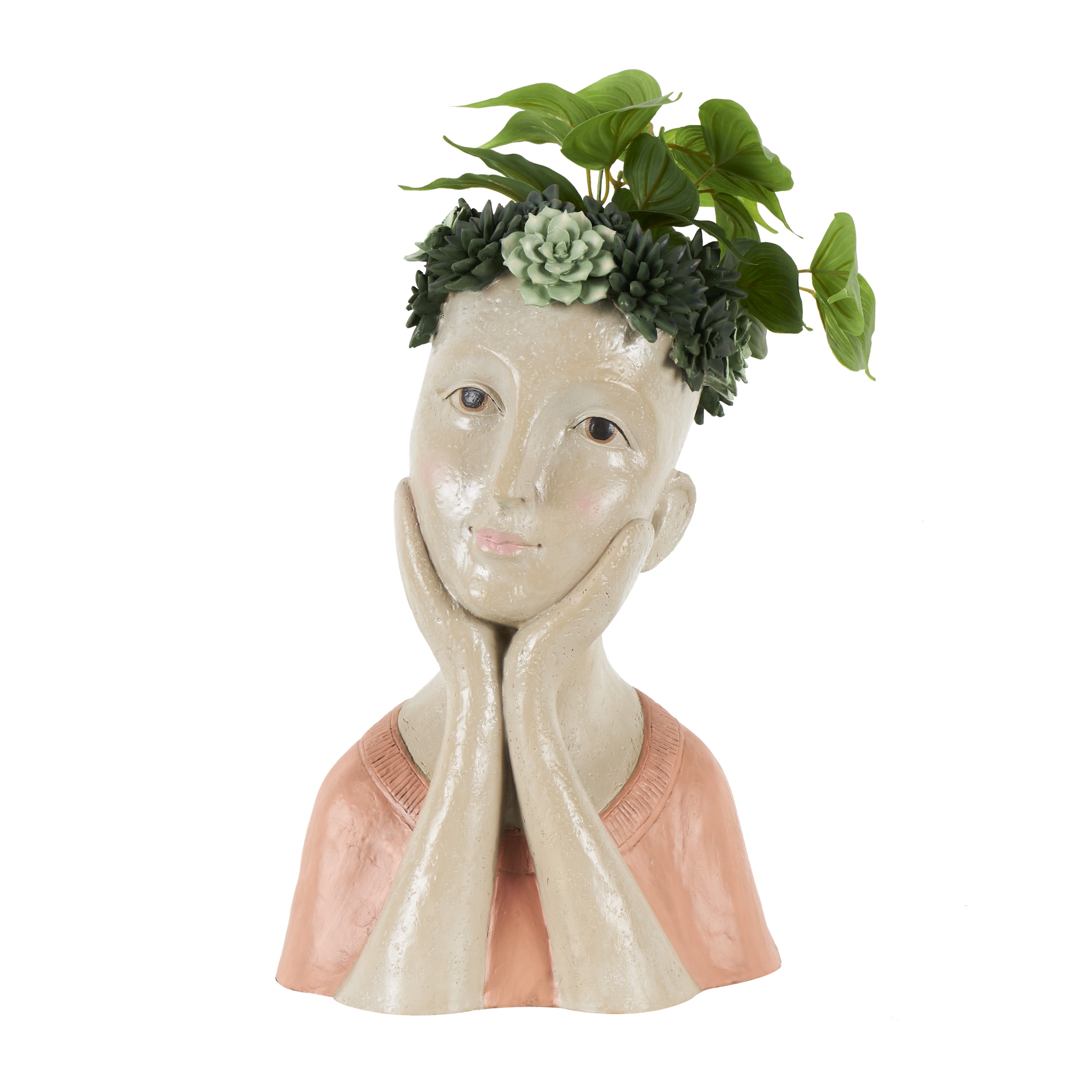 DecMode 10" x 17" Bust Beige Resin Woman Planter with Succulent Crown and Orange Top