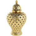 thumbnail image 1 of DecMode 10" x 18" Gold Ceramic Decorative Jars with Geometric Cutout Design and Lid, 1-Piece, 1 of 11