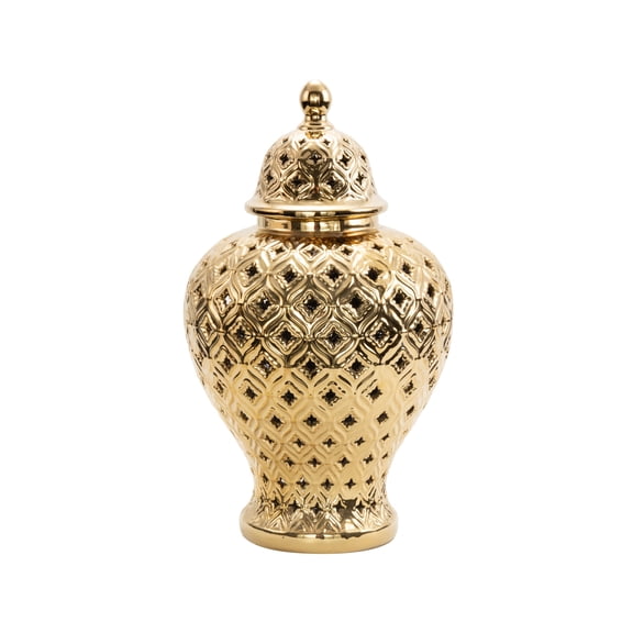 DecMode 10" x 18" Gold Ceramic Decorative Jars with Geometric Cutout Design and Lid, 1-Piece