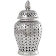 thumbnail image 1 of DecMode 10" x 18" Silver Ceramic Decorative Jars with Geometric Cutout Design and Lid, 1-Piece, 1 of 8