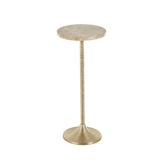 DecMode 10" x 24" Gold Aluminum Metal Pedestal Accent Table with Beige Marble Tabletop, 1-Piece