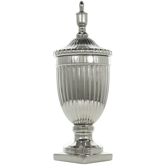 DecMode 10" x 25" Silver Ceramic Tall Decorative Jars with Grooves, 1-Piece