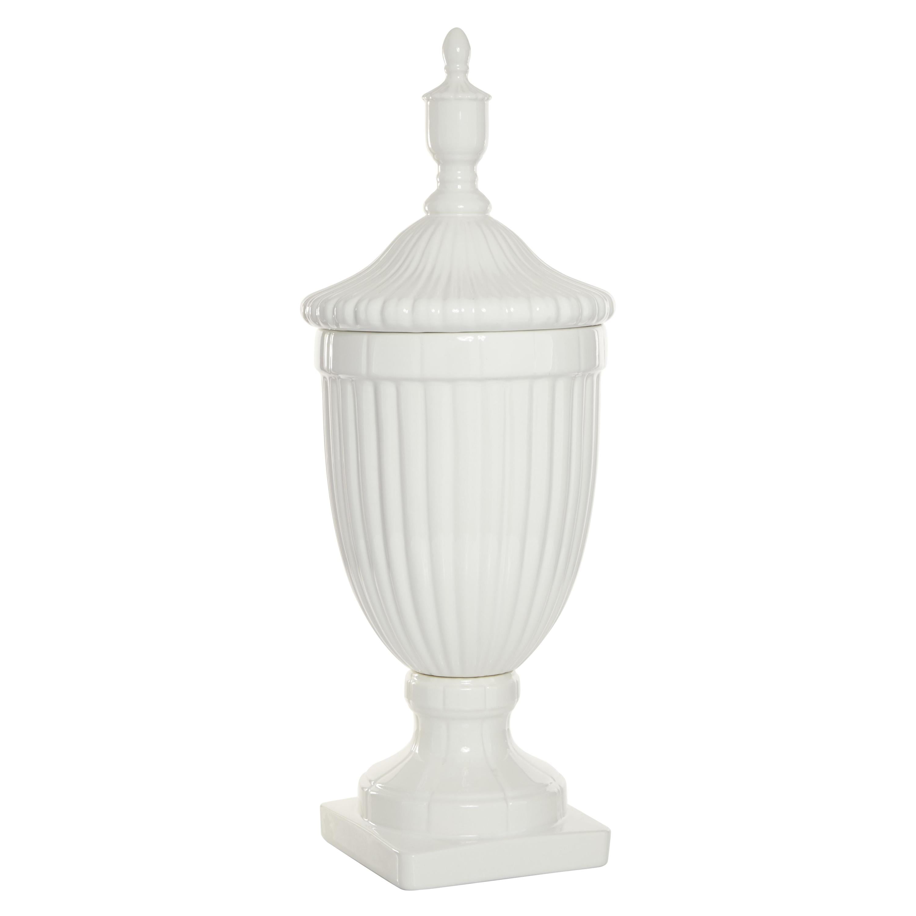 26" White Ceramic Tall Fluted Urn Vase with Lid