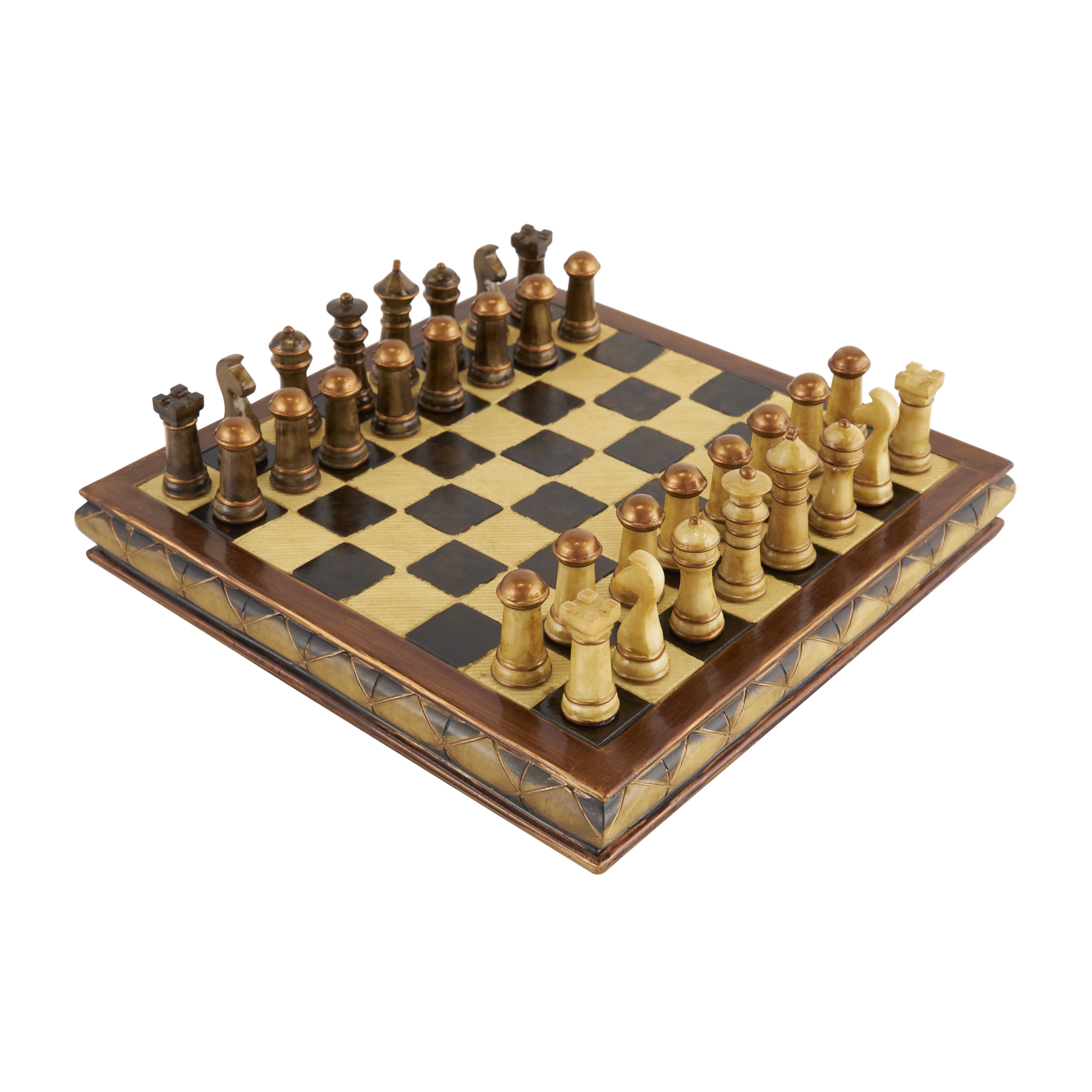 Brown Polystone and Brass Chess Set with Mahogany Finish